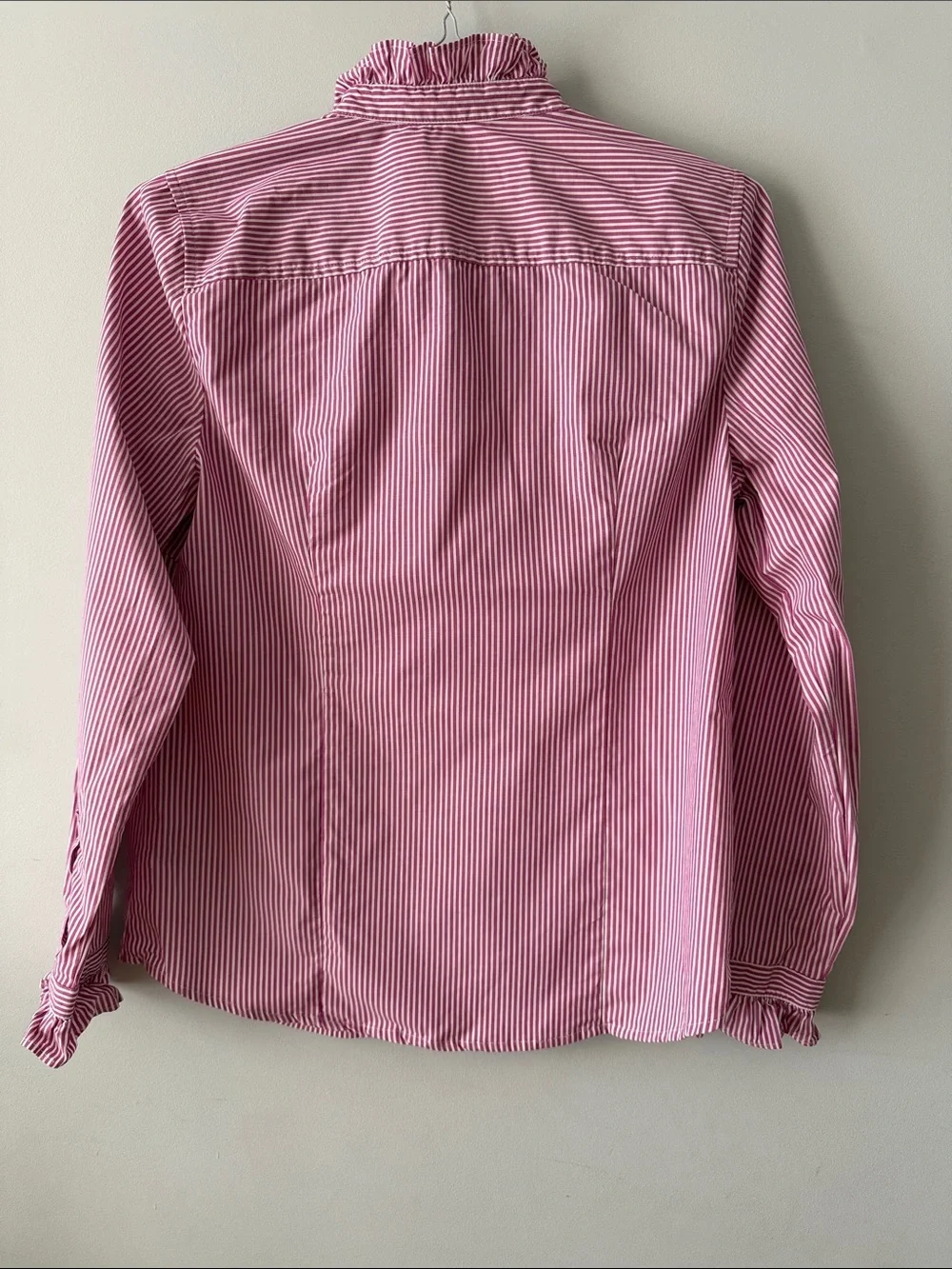 J. Crew Pink Striped Ruffle-Neck Button-Up Blouse